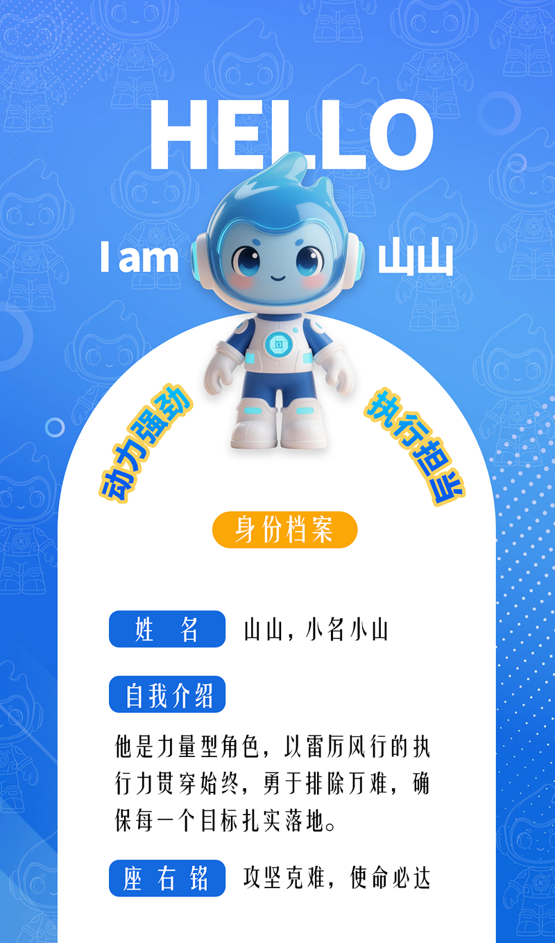 山山——?jiǎng)恿?qiáng)勁 · 執(zhí)行擔(dān)當(dāng) 他是力量型角色,以雷厲風(fēng)行的執(zhí)行力貫穿始終,勇于排除萬(wàn)難,確保每一個(gè)目標(biāo)扎實(shí)落地。 座右銘:攻堅(jiān)克難,使命必達(dá)